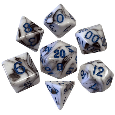 MET1032 Black White Marble Acrylic Dice Blue Numbers 16mm Set of 7 (ONLINE ORDER ONLY)
