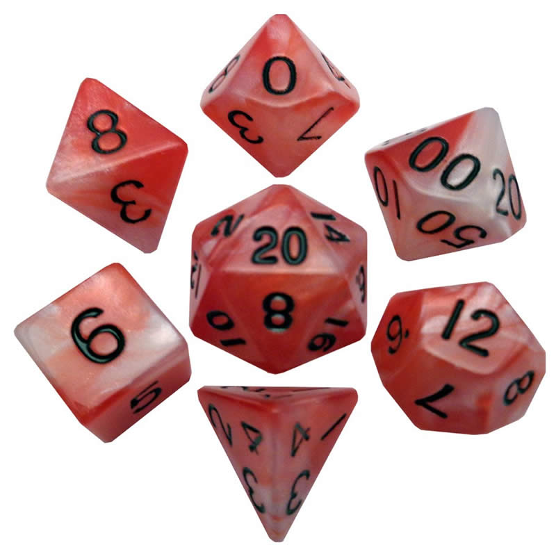 MET110 Red and White Resin Dice Black Numbers 16mm (5/8in) 7-Dice Set (ONLINE ORDER ONLY)