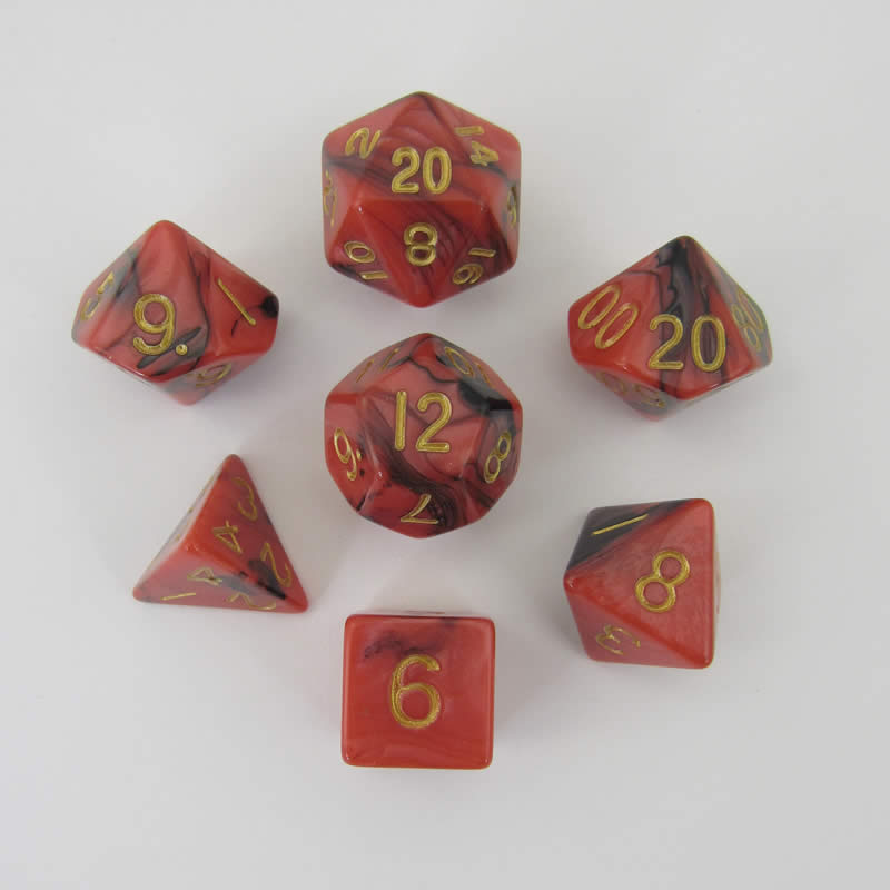 MET113 Red and Black Resin Dice Gold Numbers 16mm (5/8in) 7-Dice Set (ONLINE ORDER ONLY)