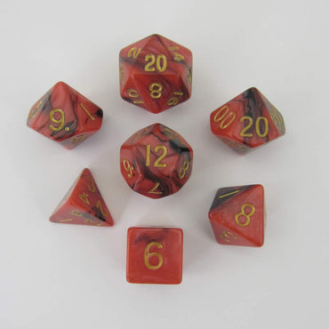 MET113 Red and Black Resin Dice Gold Numbers 16mm (5/8in) 7-Dice Set (ONLINE ORDER ONLY)