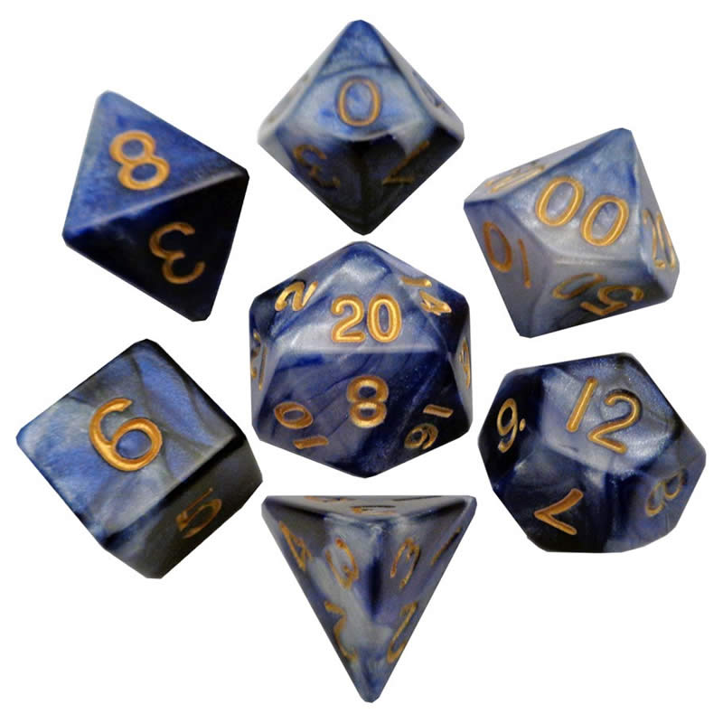 MET120 Blue and White Resin Dice with Gold Numbers 16mm (5/8in) 7-Dice Set Metallic Dice Games (ONLINE ORDER ONLY)