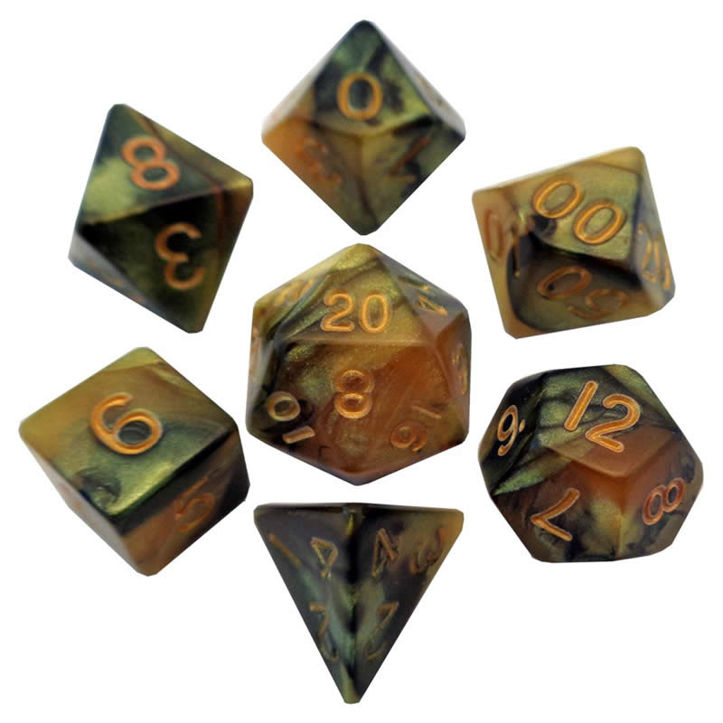 MET136 Black Yellow Resin Dice Gold Numbers 16mm (5/8in) 7-Dice Set (ONLINE ORDER ONLY)