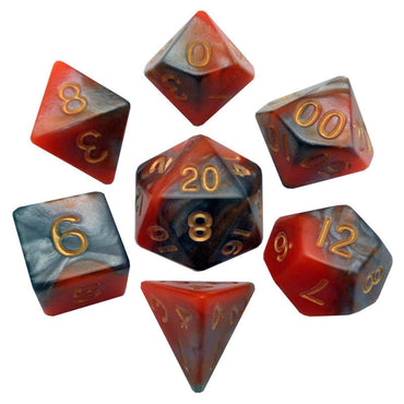 MET149 Orange Brown Resin Dice Gold Numbers 16mm (5/8in) 7-Dice Set (ONLINE ORDER ONLY)