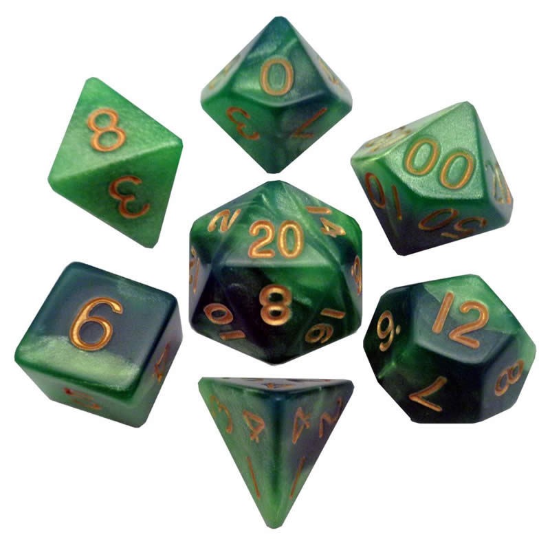 MET155 Green Light Green Resin Dice Gold Numbers 16mm 7-Dice Set (ONLINE ORDER ONLY)