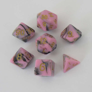 MET173 Pink and Black Resin Dice Gold Numbers 16mm (5/8in) 7-Dice Set (ONLINE ORDER ONLY)