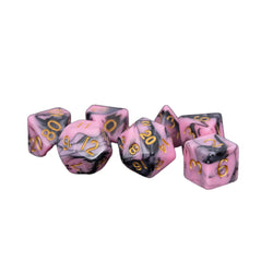 MET173 Pink and Black Resin Dice Gold Numbers 16mm (5/8in) 7-Dice Set (ONLINE ORDER ONLY)