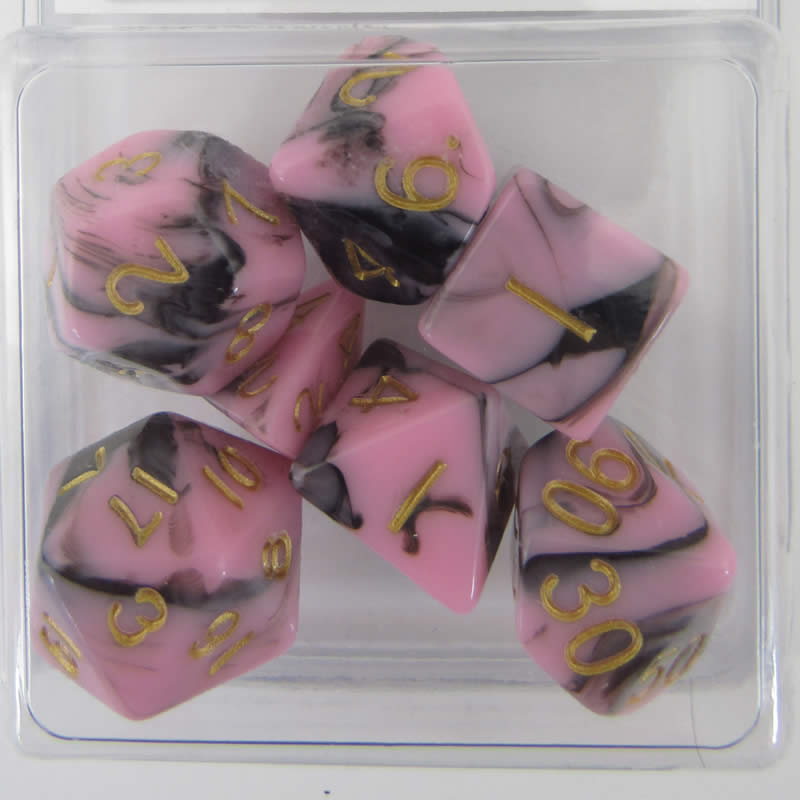MET173 Pink and Black Resin Dice Gold Numbers 16mm (5/8in) 7-Dice Set (ONLINE ORDER ONLY)