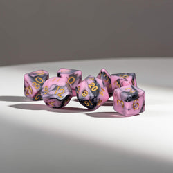 MET173 Pink and Black Resin Dice Gold Numbers 16mm (5/8in) 7-Dice Set (ONLINE ORDER ONLY)