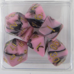 MET173 Pink and Black Resin Dice Gold Numbers 16mm (5/8in) 7-Dice Set (ONLINE ORDER ONLY)