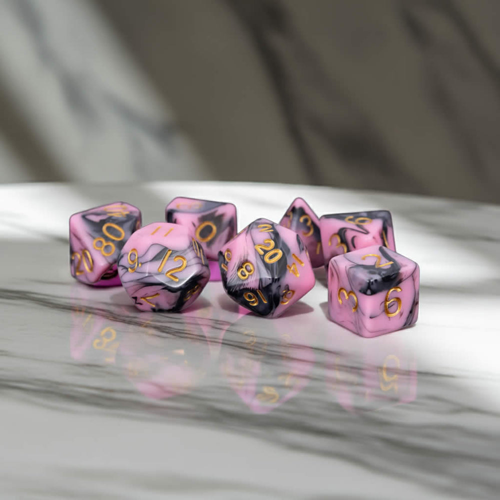 MET173 Pink and Black Resin Dice Gold Numbers 16mm (5/8in) 7-Dice Set (ONLINE ORDER ONLY)