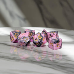 MET173 Pink and Black Resin Dice Gold Numbers 16mm (5/8in) 7-Dice Set (ONLINE ORDER ONLY)