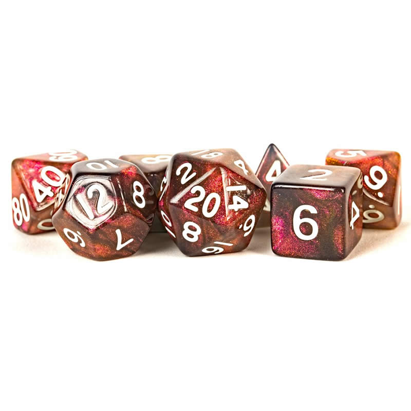 MET174 Stardust Supervolcano Resin Dice White Numbers 16mm (5/8in) 7-Dice Set (ONLINE ORDER ONLY)