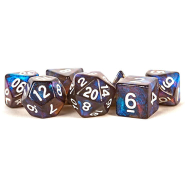MET175 Stardust Galaxy Resin Dice White Numbers 16mm (5/8in) 7-Dice Set (ONLINE ORDER ONLY)