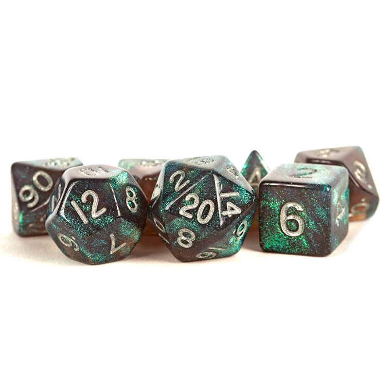 MET177 Grey Stardust Resin Dice with Silver Numbers 16mm (5/8in) 7-Dice Set (ONLINE ORDER ONLY)