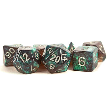 MET177 Grey Stardust Resin Dice with Silver Numbers 16mm (5/8in) 7-Dice Set (ONLINE ORDER ONLY)