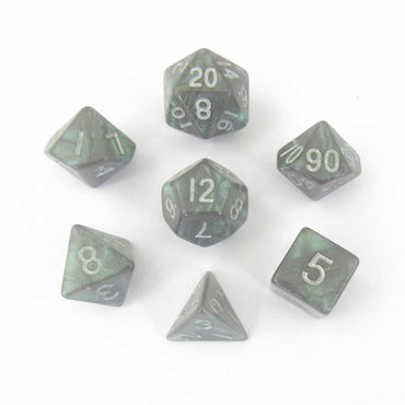 MET177 Grey Stardust Resin Dice with Silver Numbers 16mm (5/8in) 7-Dice Set (ONLINE ORDER ONLY)