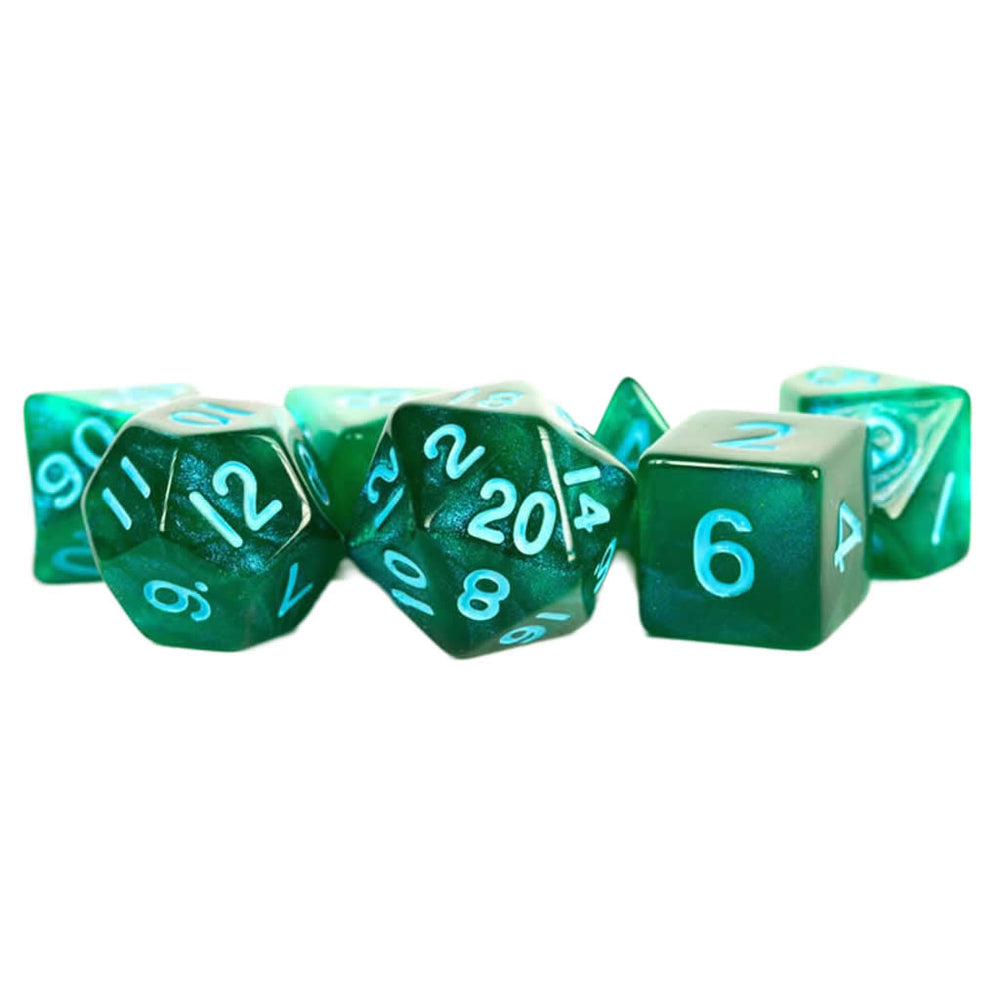MET178 Green Stardust Resin Dice with Blue Numbers 16mm (5/8in) 7-Dice Set (ONLINE ORDER ONLY)