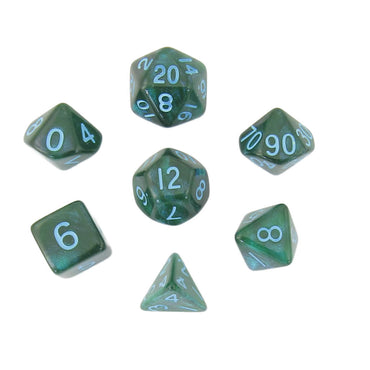 MET178 Green Stardust Resin Dice with Blue Numbers 16mm (5/8in) 7-Dice Set (ONLINE ORDER ONLY)