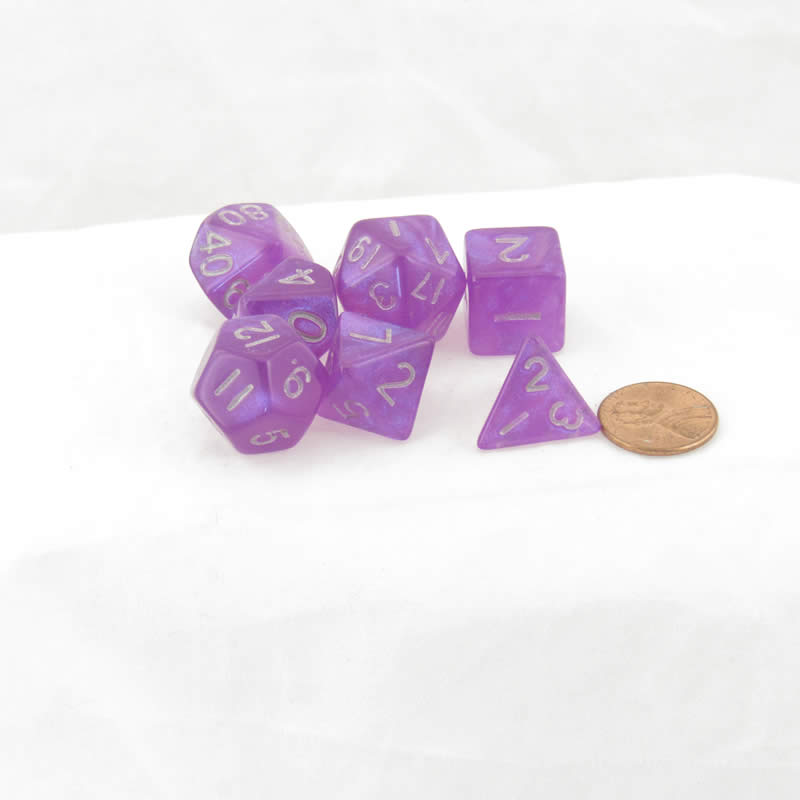 MET179 Purple Stardust Resin Dice with Silver Numbers 16mm (5/8in) 7-Dice Set (ONLINE ORDER ONLY)