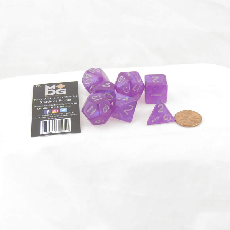 MET179 Purple Stardust Resin Dice with Silver Numbers 16mm (5/8in) 7-Dice Set (ONLINE ORDER ONLY)