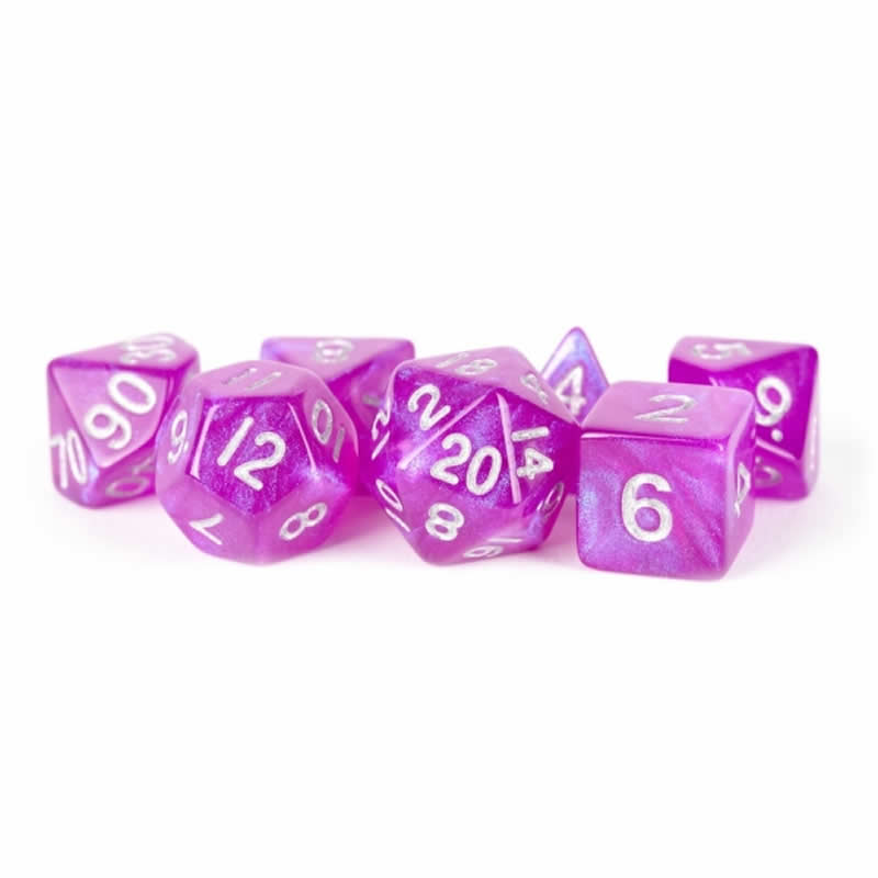 MET179 Purple Stardust Resin Dice with Silver Numbers 16mm (5/8in) 7-Dice Set (ONLINE ORDER ONLY)