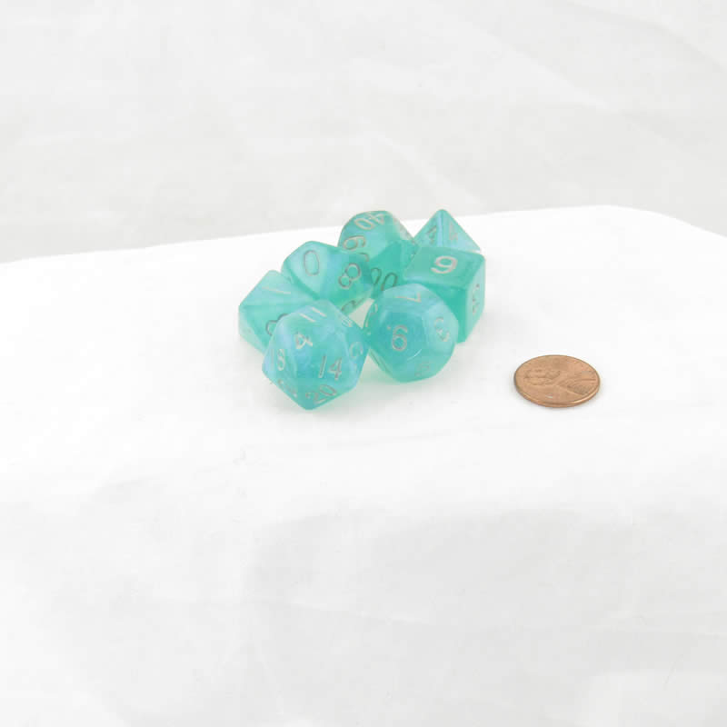MET180 Turquoise Stardust Resin Dice with Silver Numbers 16mm (5/8in) 7-Dice Set (ONLINE ORDER ONLY)