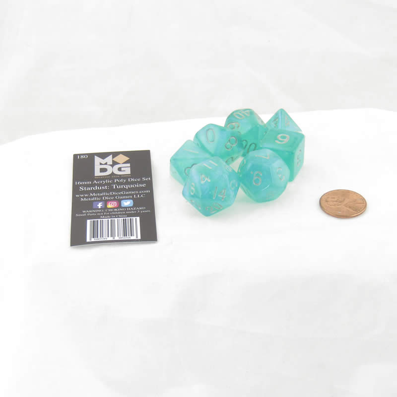 MET180 Turquoise Stardust Resin Dice with Silver Numbers 16mm (5/8in) 7-Dice Set (ONLINE ORDER ONLY)