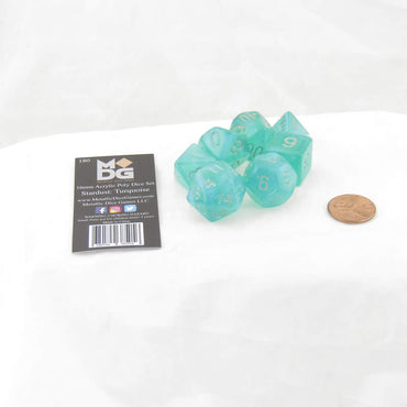 MET180 Turquoise Stardust Resin Dice with Silver Numbers 16mm (5/8in) 7-Dice Set (ONLINE ORDER ONLY)