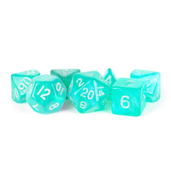 MET180 Turquoise Stardust Resin Dice with Silver Numbers 16mm (5/8in) 7-Dice Set (ONLINE ORDER ONLY)