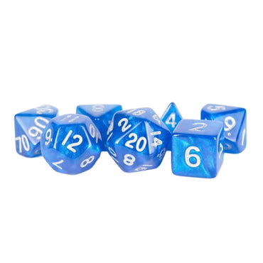 MET181 Blue Stardust Resin Dice with Silver Numbers 16mm (5/8in) 7-Dice Set Metallic Dice Games (ONLINE ORDER ONLY)