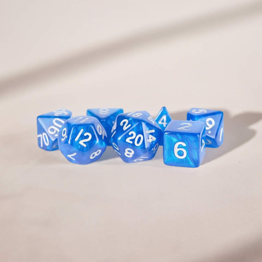 MET181 Blue Stardust Resin Dice with Silver Numbers 16mm (5/8in) 7-Dice Set Metallic Dice Games (ONLINE ORDER ONLY)