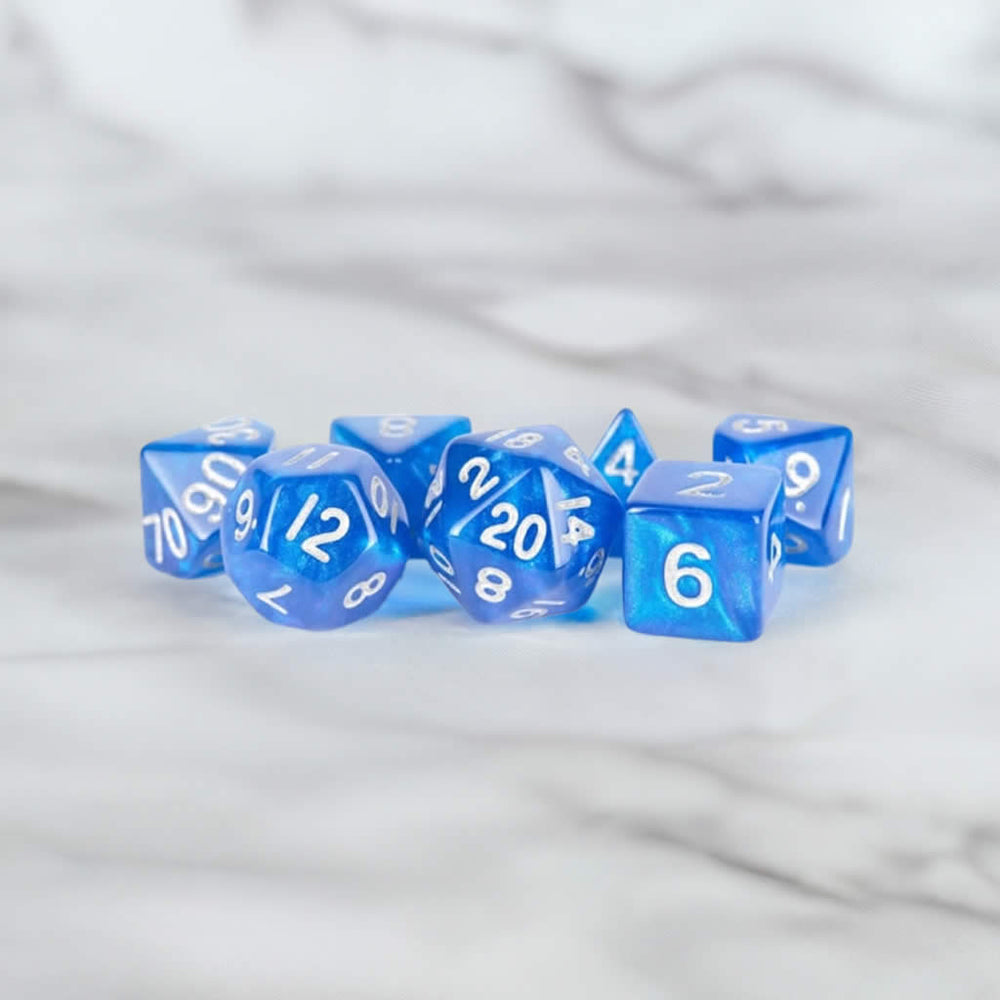 MET181 Blue Stardust Resin Dice with Silver Numbers 16mm (5/8in) 7-Dice Set Metallic Dice Games (ONLINE ORDER ONLY)