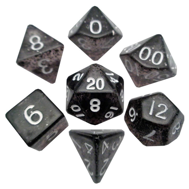 MET203 Black Ethereal Resin Dice White Numbers 16mm (5/8in) 7-Dice Set (ONLINE ORDER ONLY)
