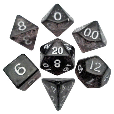 MET203 Black Ethereal Resin Dice White Numbers 16mm (5/8in) 7-Dice Set (ONLINE ORDER ONLY)
