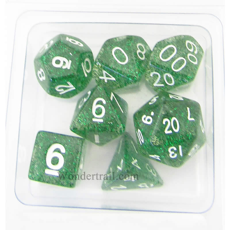 MET205 Green Ethereal Resin Dice White Numbers 16mm (5/8in) 7-Dice Set (ONLINE ORDER ONLY)