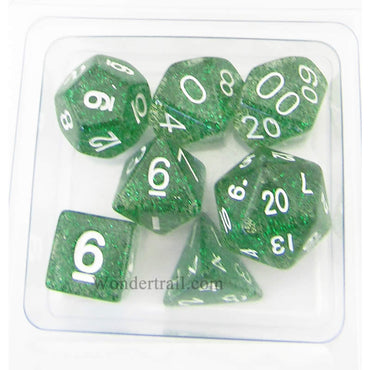 MET205 Green Ethereal Resin Dice White Numbers 16mm (5/8in) 7-Dice Set (ONLINE ORDER ONLY)