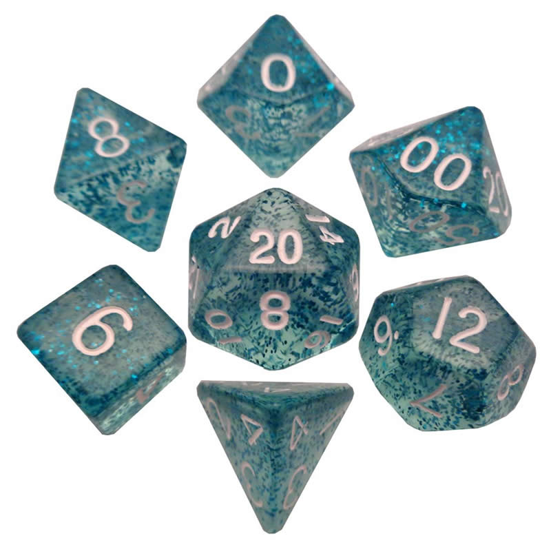 MET212 Light Blue Ethereal Resin Dice White Numbers 16mm 7-Dice Set (ONLINE ORDER ONLY)
