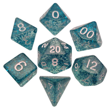 MET212 Light Blue Ethereal Resin Dice White Numbers 16mm 7-Dice Set (ONLINE ORDER ONLY)