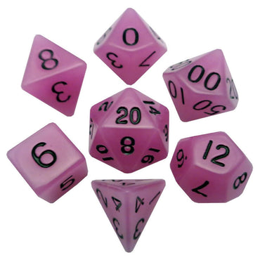 MET307 Purple Glow in the Dark Resin Dice Black Numbers 16mm 7-Dice Set (ONLINE ORDER ONLY)