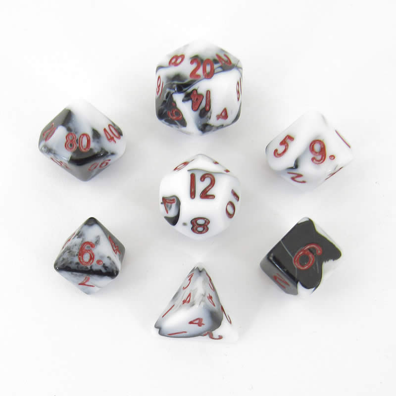 MET41031 Black and White Marble Colored Poly Dice Red Numbers 10mm 7-Dice Set (ONLINE ORDER ONLY)