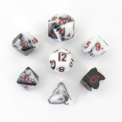 MET41031 Black and White Marble Colored Poly Dice Red Numbers 10mm 7-Dice Set (ONLINE ORDER ONLY)