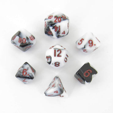 MET41031 Black and White Marble Colored Poly Dice Red Numbers 10mm 7-Dice Set (ONLINE ORDER ONLY)