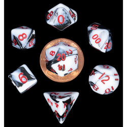 MET41031 Black and White Marble Colored Poly Dice Red Numbers 10mm 7-Dice Set (ONLINE ORDER ONLY)