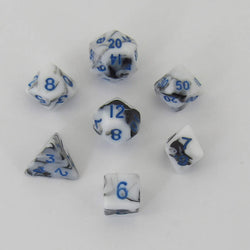 MET41032 Black and White Marble Colored Poly Dice Blue Numbers 10mm 7-Dice Set (ONLINE ORDER ONLY)