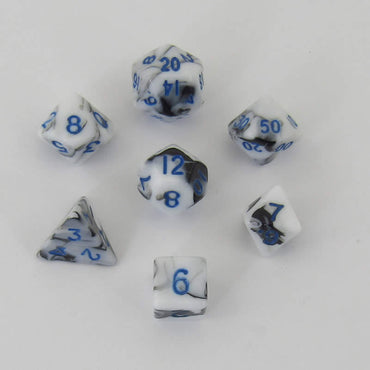 MET41032 Black and White Marble Colored Poly Dice Blue Numbers 10mm 7-Dice Set (ONLINE ORDER ONLY)