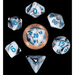 MET41032 Black and White Marble Colored Poly Dice Blue Numbers 10mm 7-Dice Set (ONLINE ORDER ONLY)