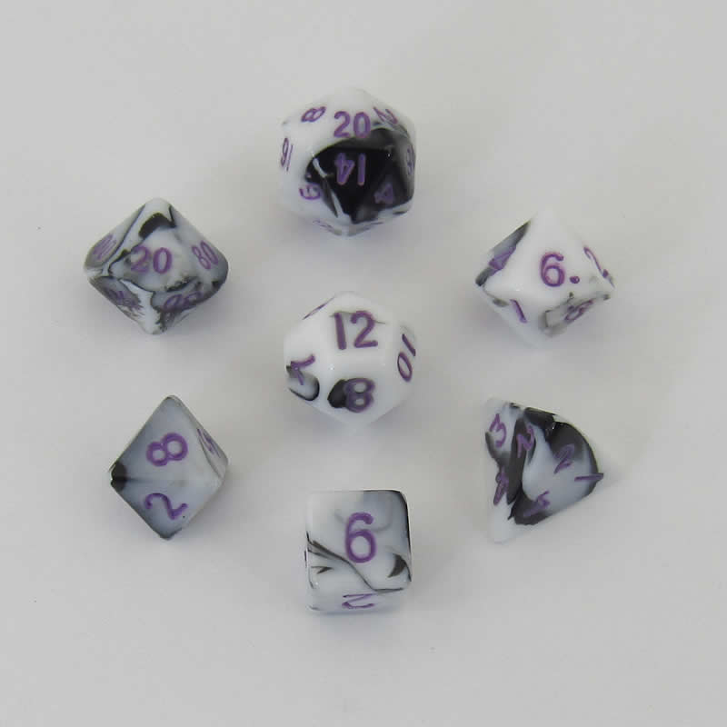 MET41037 Black and White Marble Colored Poly Dice Purple Numbers 10mm 7-Dice Set (ONLINE ORDER ONLY)
