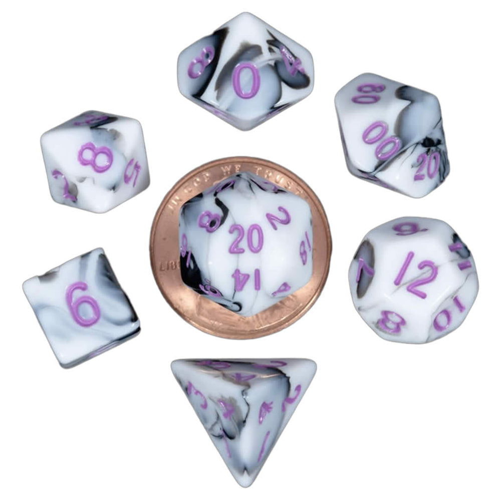 MET41037 Black and White Marble Colored Poly Dice Purple Numbers 10mm 7-Dice Set (ONLINE ORDER ONLY)