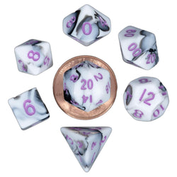 MET41037 Black and White Marble Colored Poly Dice Purple Numbers 10mm 7-Dice Set (ONLINE ORDER ONLY)