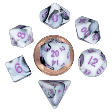 MET41037 Black and White Marble Colored Poly Dice Purple Numbers 10mm 7-Dice Set (ONLINE ORDER ONLY)